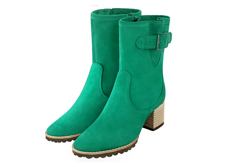 Emerald green women's ankle boots with buckles on the sides. Round toe. Medium block heels. Front view - Florence KOOIJMAN